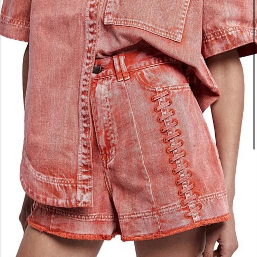 AJE Framework High-Waisted Denim Short Stitched Trim Size 2 Red Faded